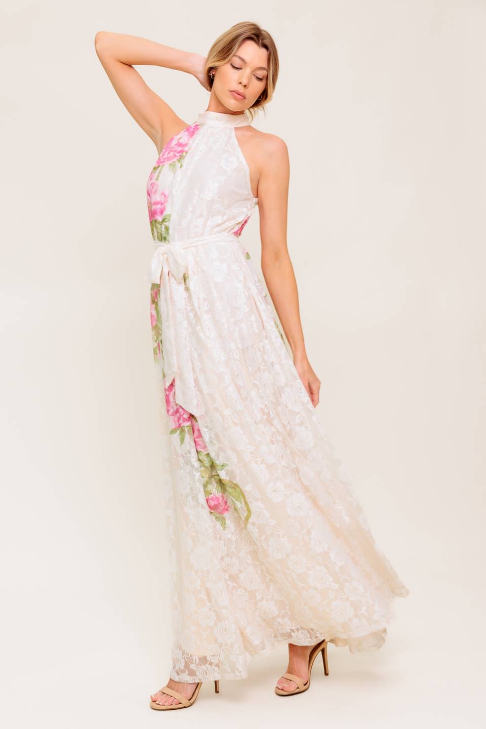 ROSE GARDEN IVORY LACE HALTER MAXI DRESS