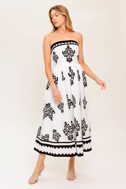 CAFE IN PARIS STRAPLESS MIDI DRESS IVORY & BLACK