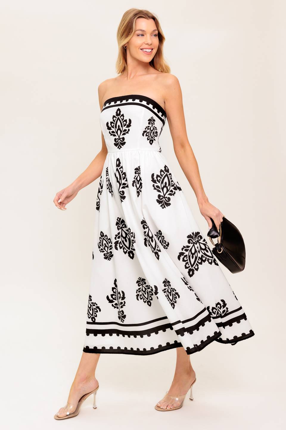 CAFE IN PARIS STRAPLESS MIDI DRESS IVORY & BLACK