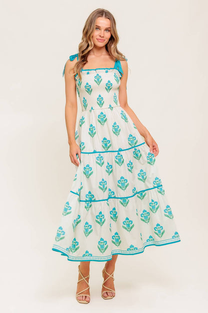 BEAUTY IN BLOOM BLUE TIE STRAP MIDI DRESS