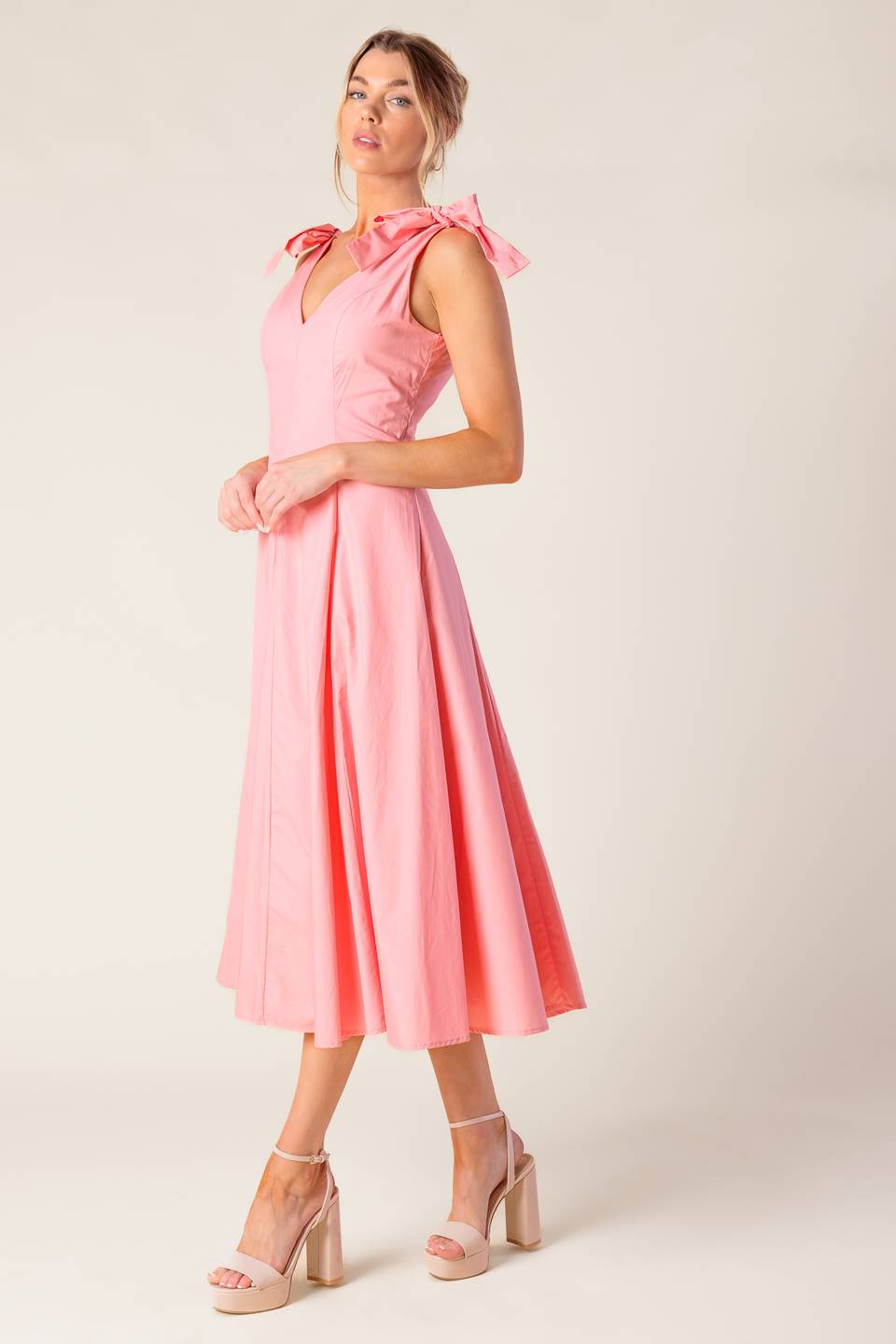SWEET NOTHINGS SHOULDER BOW MIDI DRESS PEACH