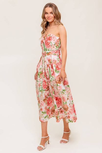 DAWN STRAPLESS MIDI DRESS PINK FLORAL