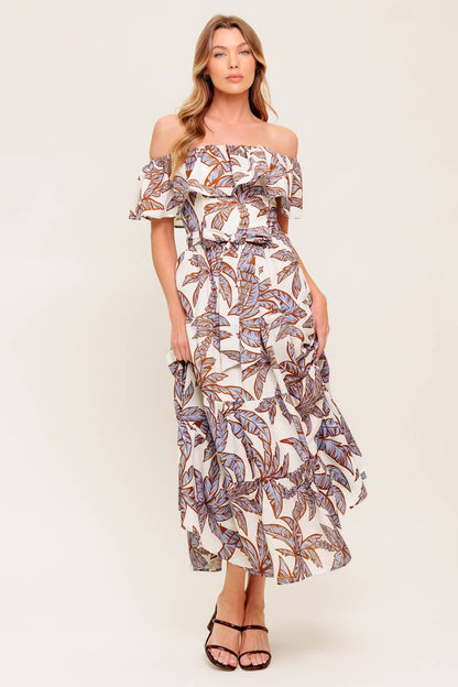 PALM TREE GARDEN OFF THE SHOULDER MIDI DRESS
