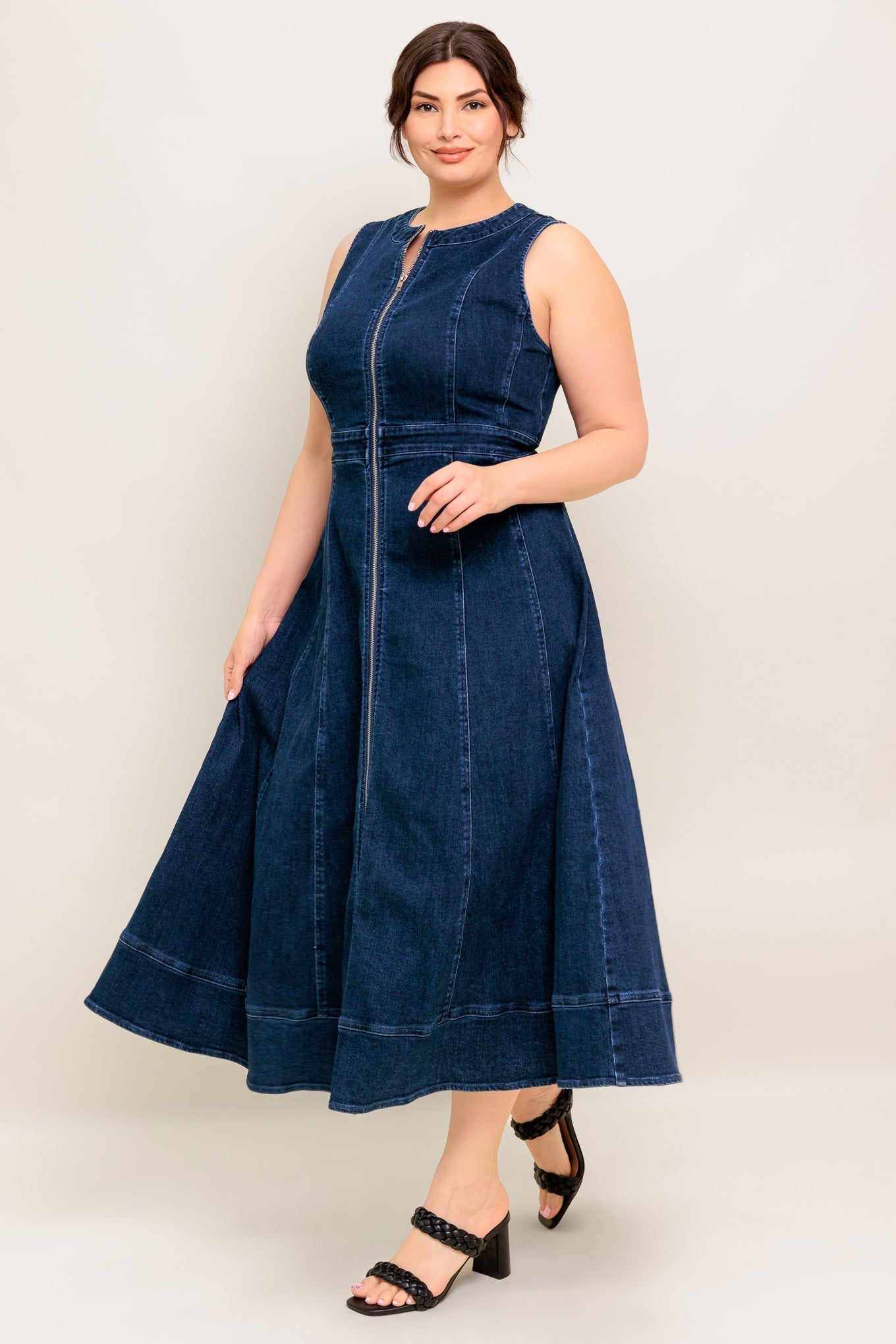 RAW BEAUTY ZIP FRONT DENIM MIDI DRESS