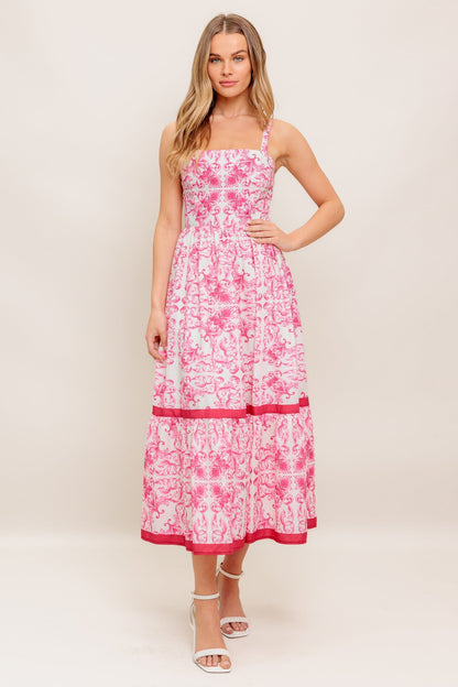 ROSALIE MIDI DRESS PINK SCROLL PRINT