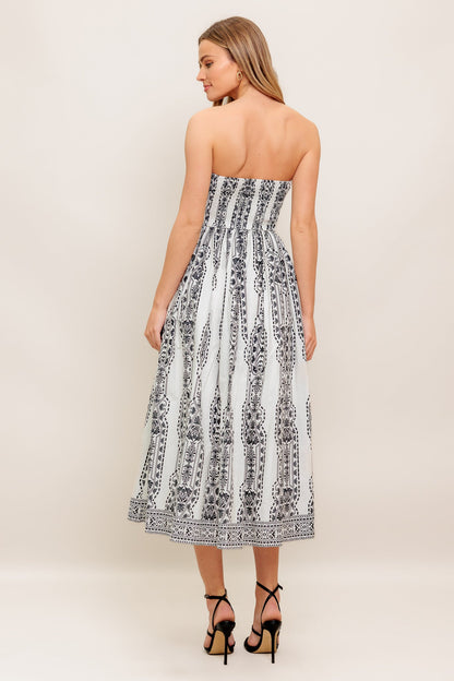 SUMMER SILHOUETTE STRAPLESS BLACK & WHITE MIDI DRESS