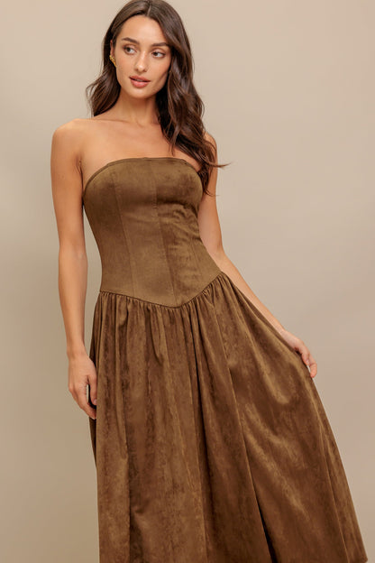 WILD ESPRESSO BROWN FAUX SUEDE MIDI DRESS