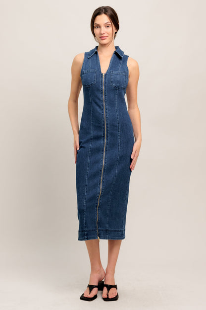 EVERYDAY EDGE ZIP FRONT DENIM MIDI DRESS