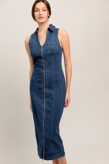 EVERYDAY EDGE ZIP FRONT DENIM MIDI DRESS