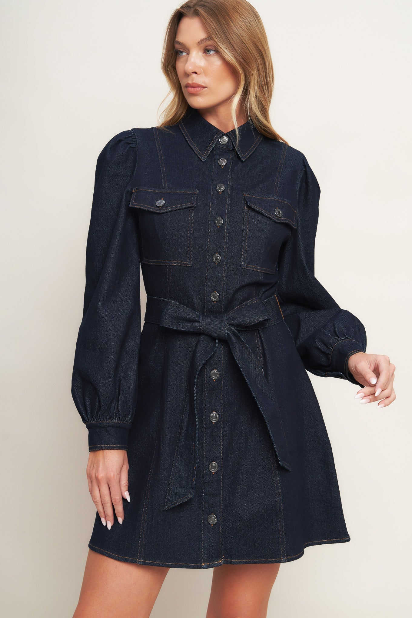 AUTUMN DAYS LONG SLEEVE DARK DENIM MINI DRESS