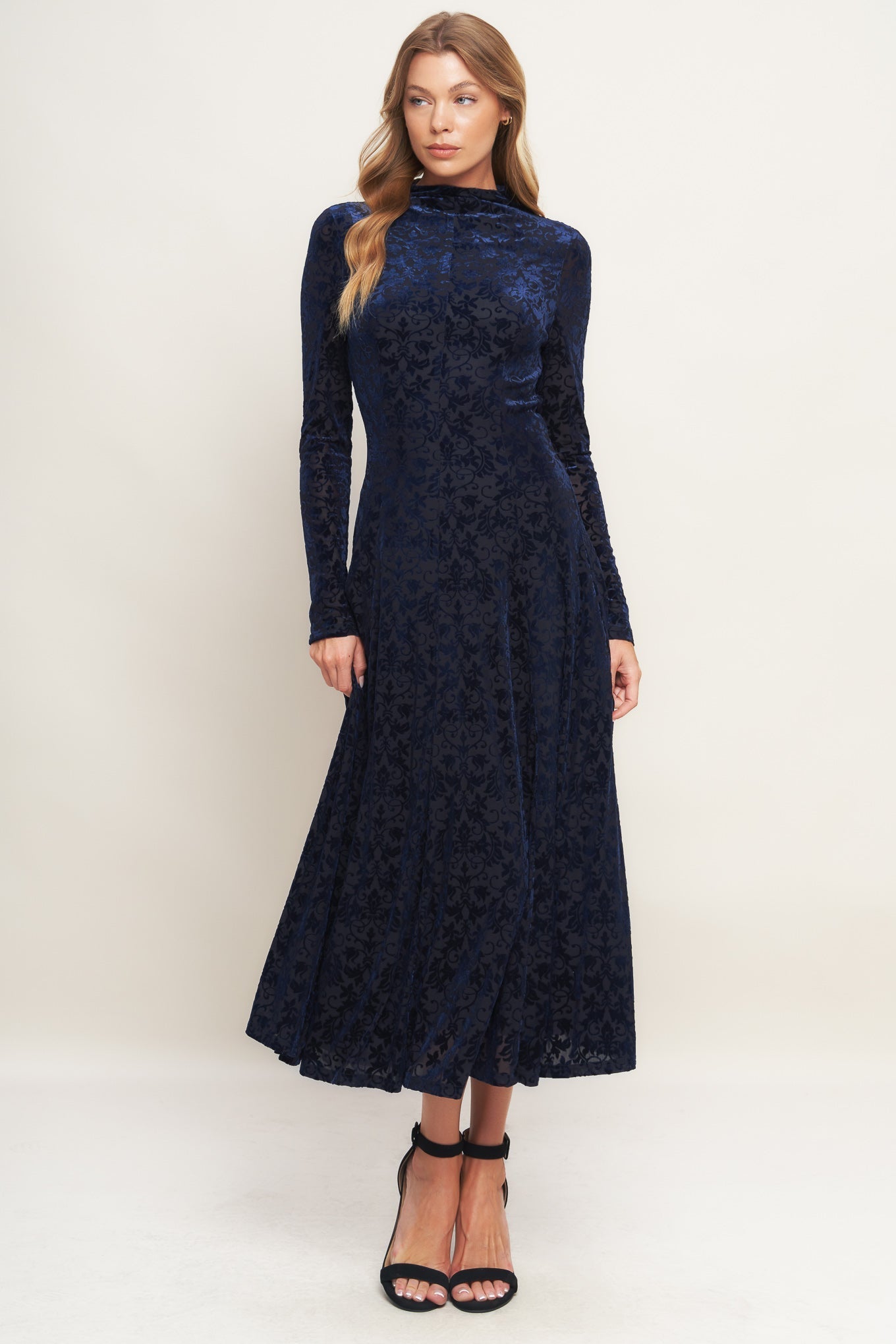 Size Small, VELVET GALAXY CHARM MIDI DRESS NAVY FINAL