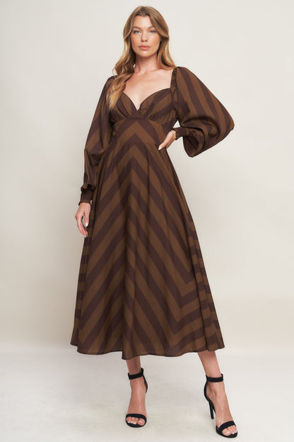 GODDESS BROWN STRIPE LONG SLEEVE MIDI DRESS FINAL