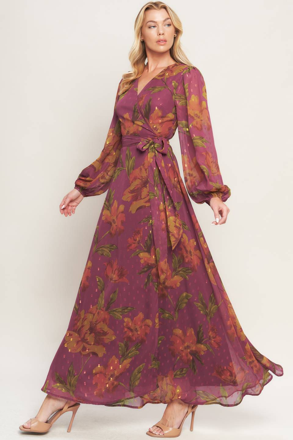 EMBER GARDEN LONG SLEEVE FLORAL WRAP DRESS