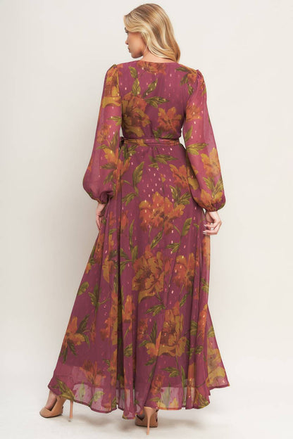 EMBER GARDEN LONG SLEEVE FLORAL WRAP DRESS