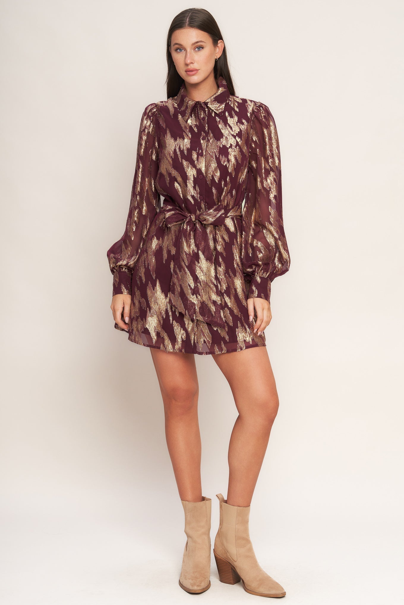 METALLIC MUSE BURGUNDY LONG SLEEVE MINI DRESS
