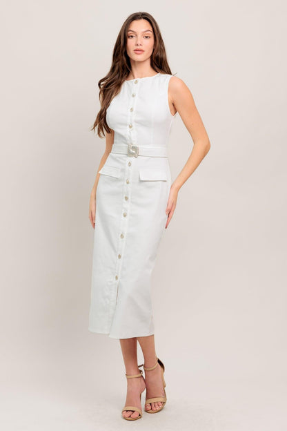 REAL ROMANCE BUTTON FRONT WHITE DENIM MIDI DRESS