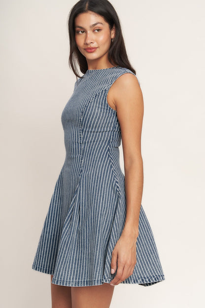 PERFECT PLANS STRIPED FIT & FLARE DENIM MINI DRESS