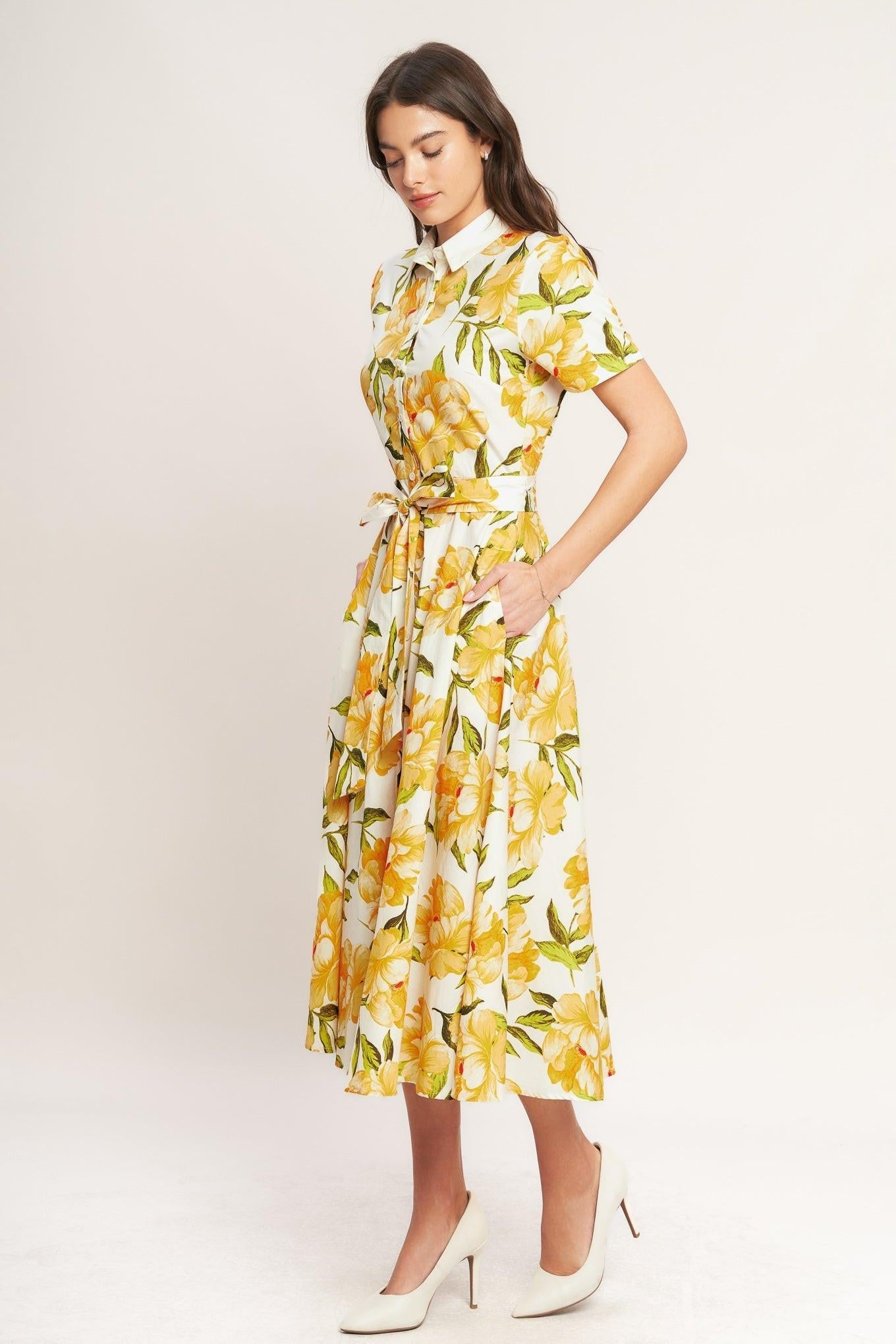 UPLIFTING PALETTE YELLOW FLORAL MIDI DRESS