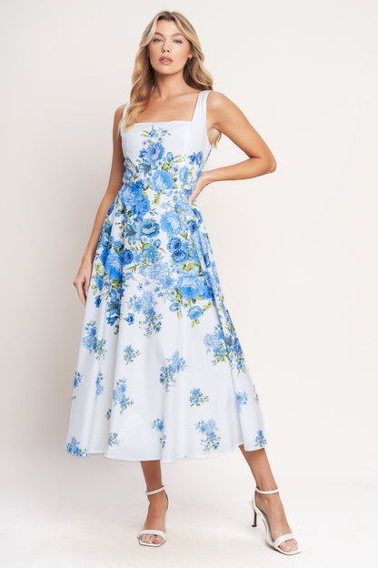 CLASSIC BLOOM BLUE FLORAL MIDI DRESS
