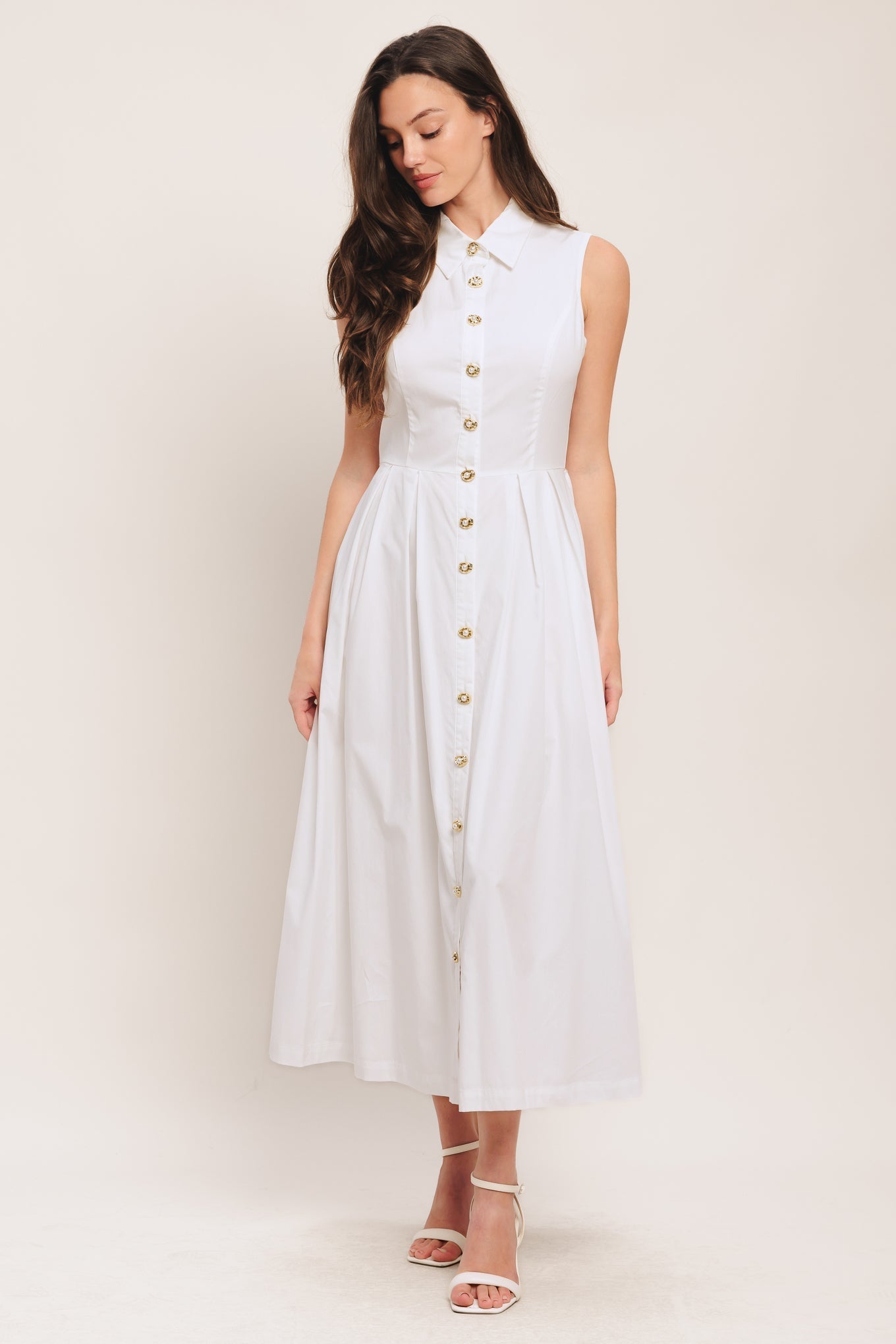 PEARL BUTTON DOWN WHITE MIDI DRESS
