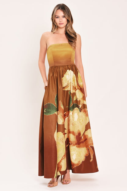 GOLDEN ROSE GLOW STRAPLESS FLORAL PRINT MAXI DRESS