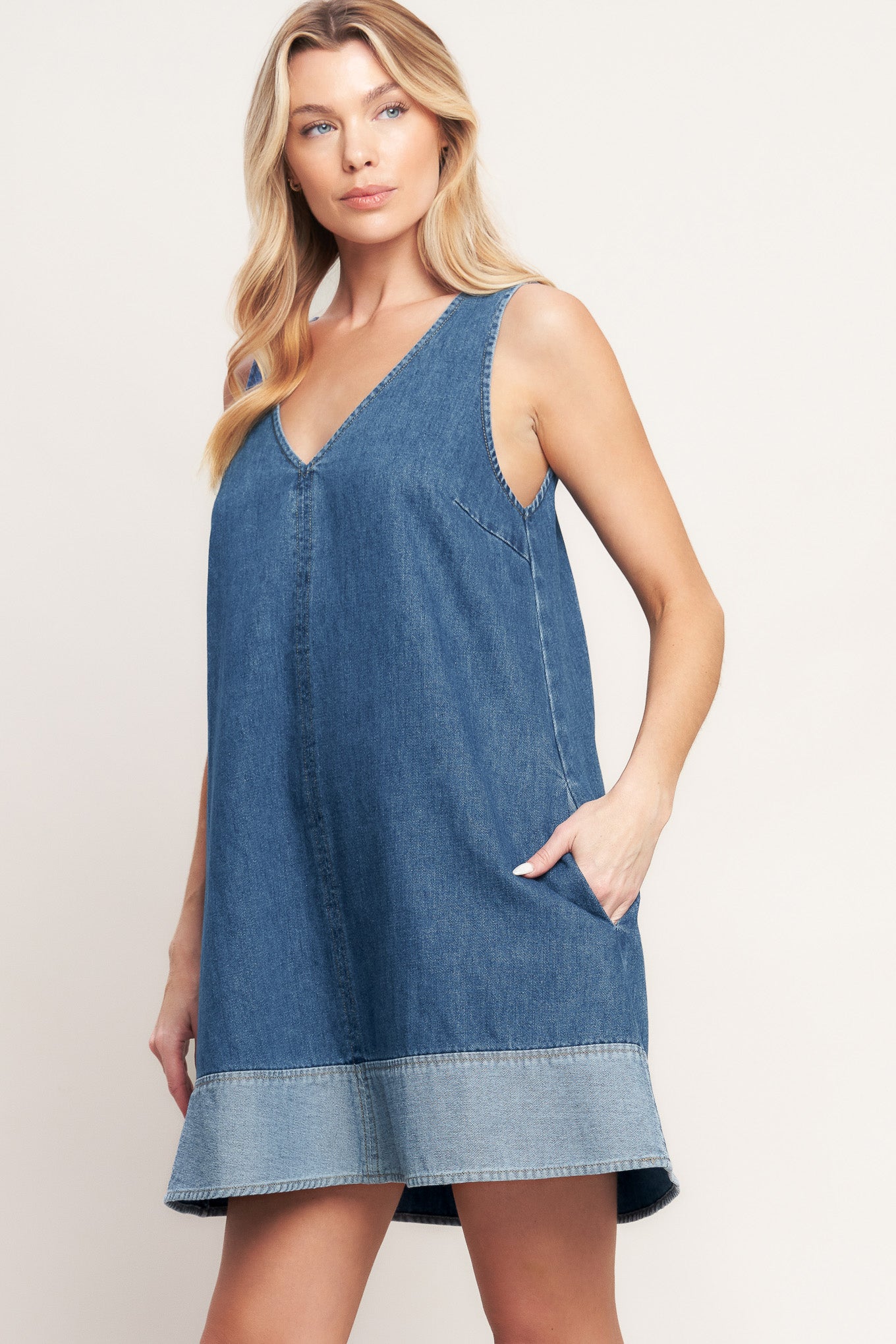 MAIN STREET V-NECK DENIM MINI DRESS