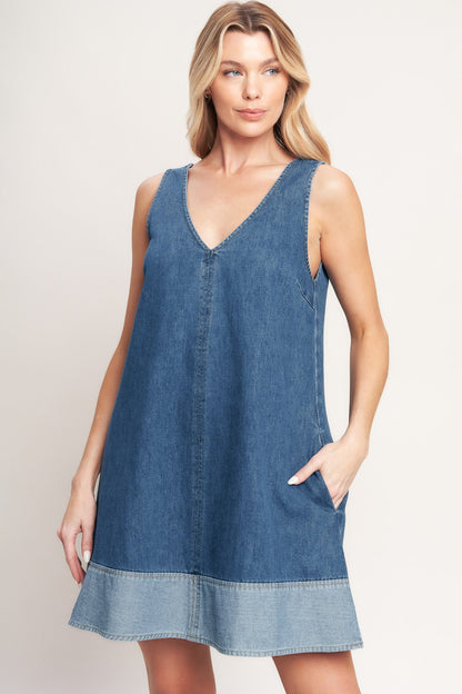 MAIN STREET V-NECK DENIM MINI DRESS