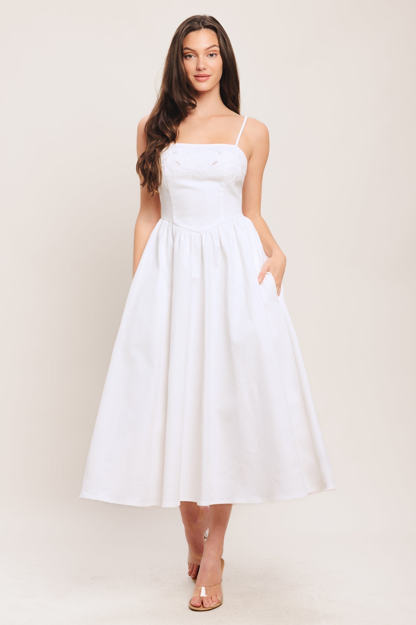 CLOUD PETAL EMBROIDERED WHITE DENIM MIDI DRESS