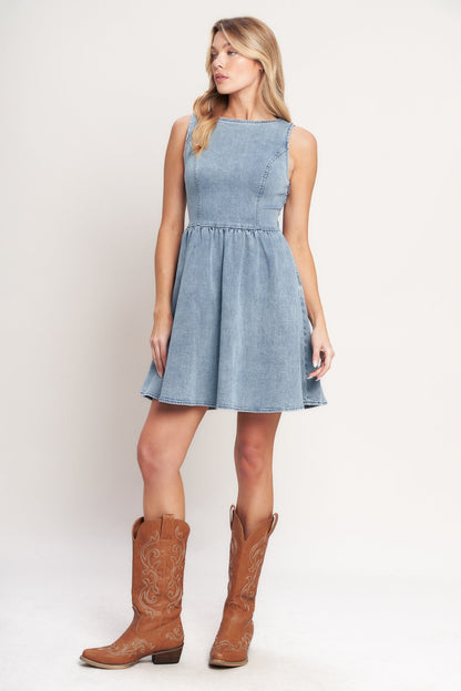 PERFECTLY POLISHED DENIM MINI DRESS WITH BOW
