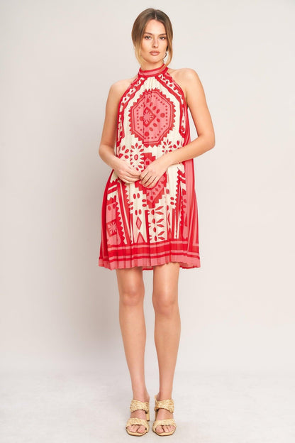 SUNSET MEDALLION PLEATED MINI DRESS