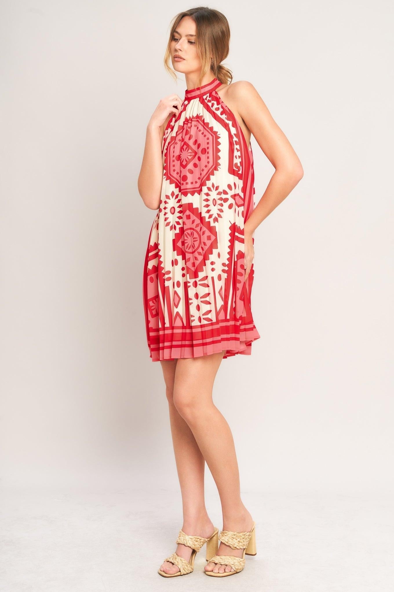 SUNSET MEDALLION PLEATED MINI DRESS