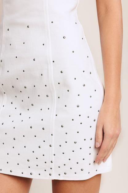 CITY TO COAST STUDDED WHITE DENIM MINI DRESS
