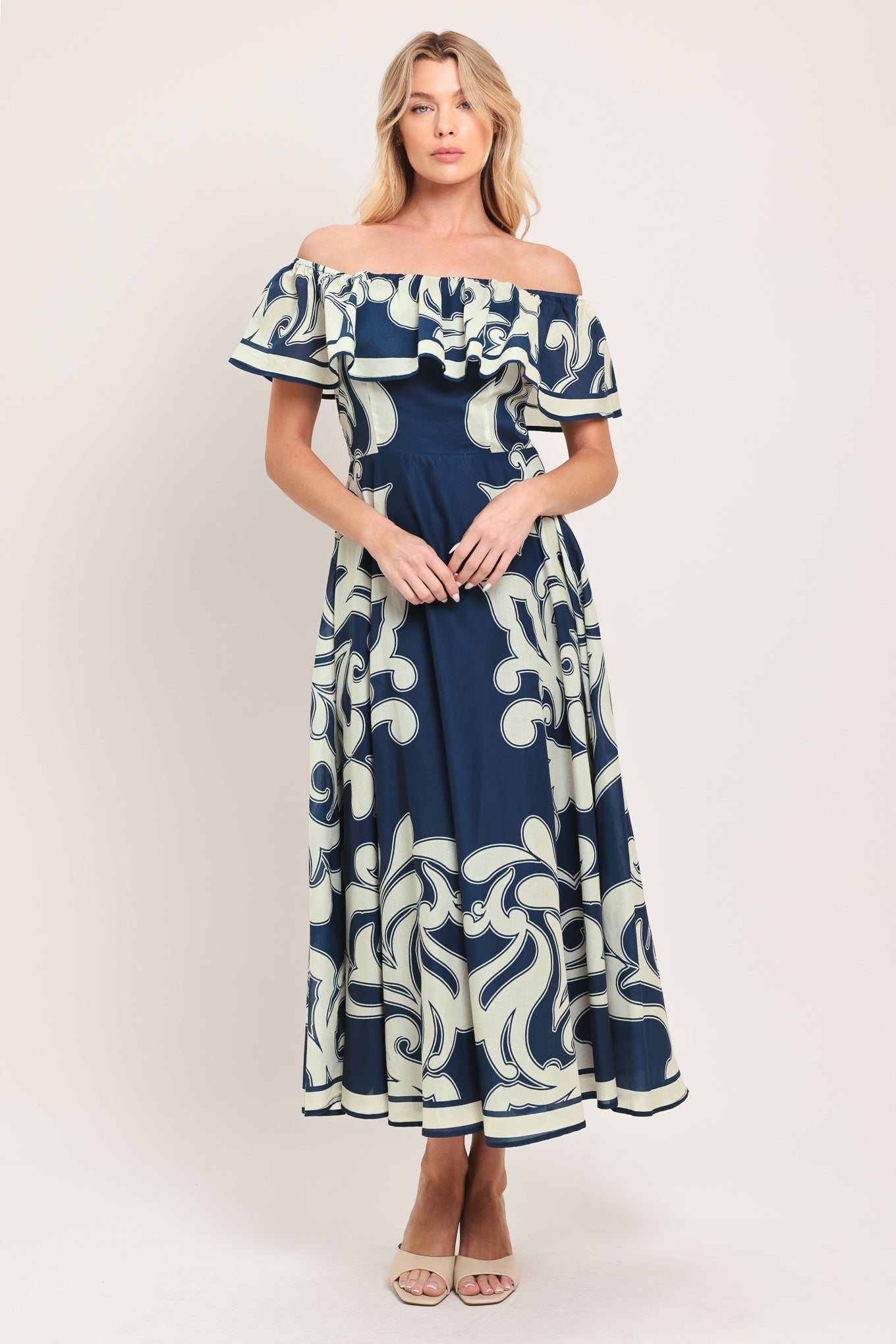 BLUE MAJOLICA OFF SHOULDER FLOUNCE MIDI DRESS
