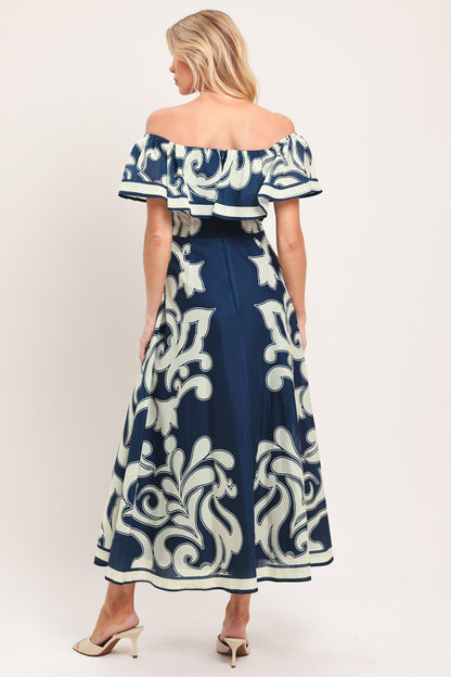BLUE MAJOLICA OFF SHOULDER FLOUNCE MIDI DRESS