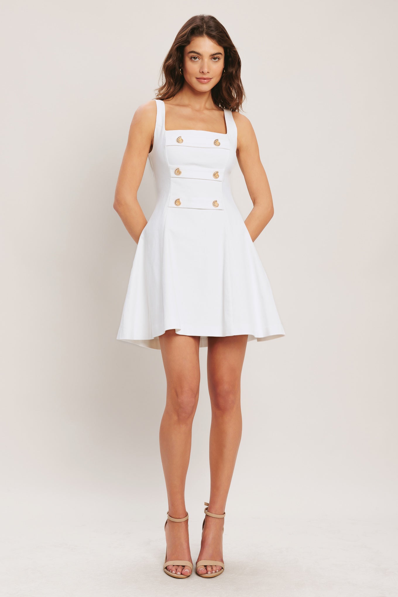 COASTAL CHIC FLARED WHITE DENIM MINI DRESS