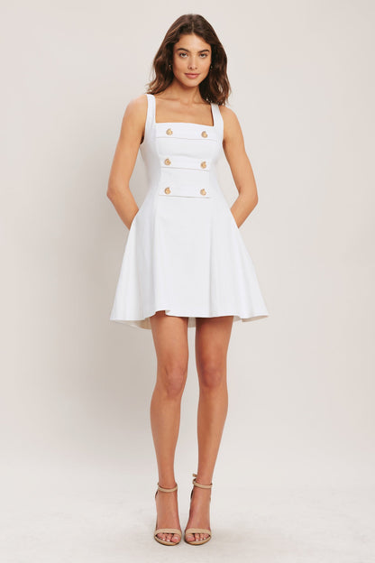 COASTAL CHIC FLARED WHITE DENIM MINI DRESS
