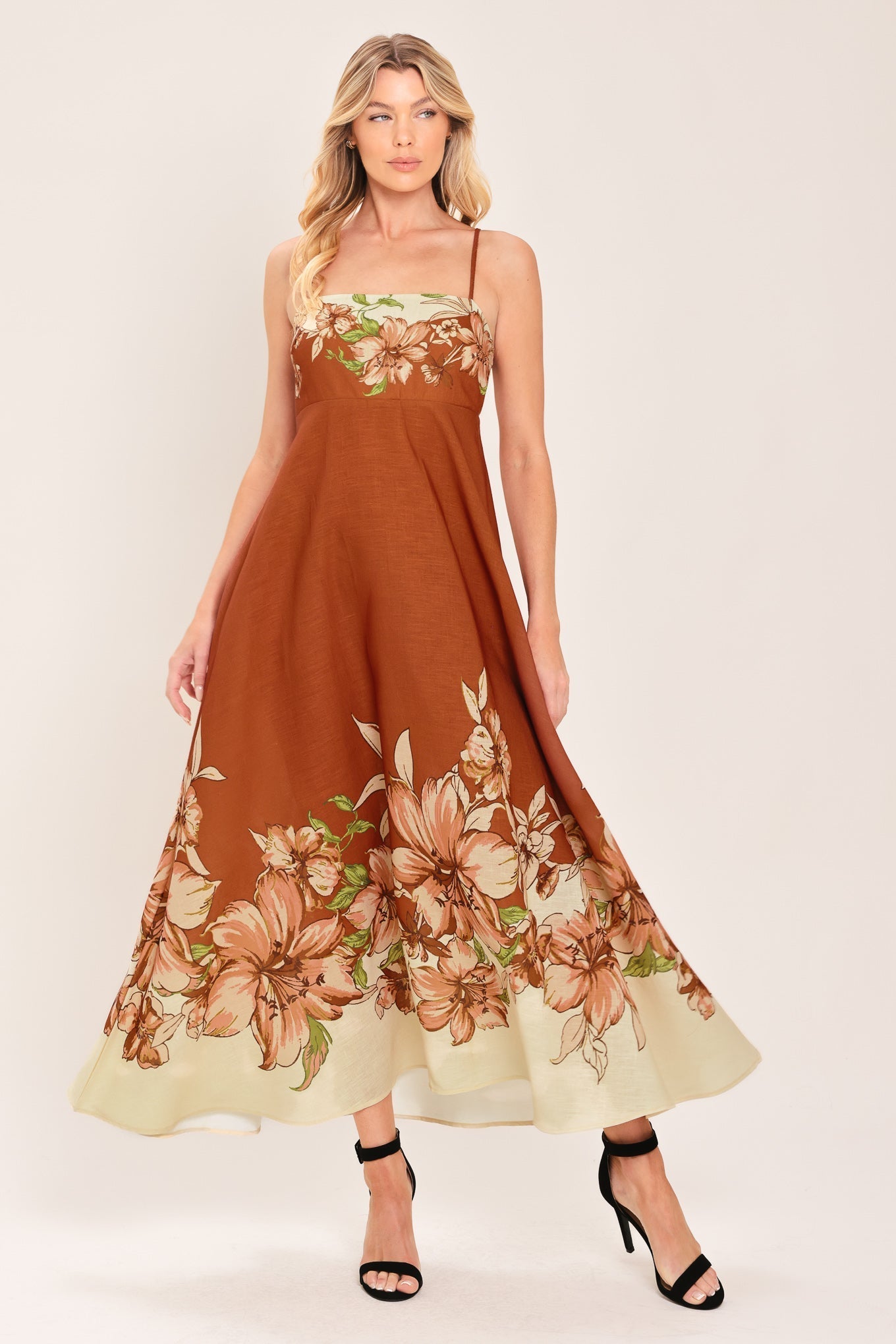 AUTUMN HARVEST PETALS TERRACOTTA FLORAL MIDI DRESS