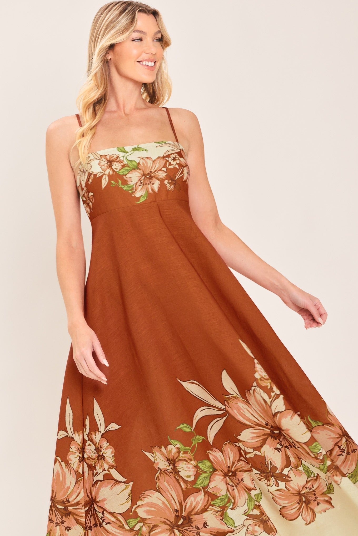 AUTUMN HARVEST PETALS TERRACOTTA FLORAL MIDI DRESS