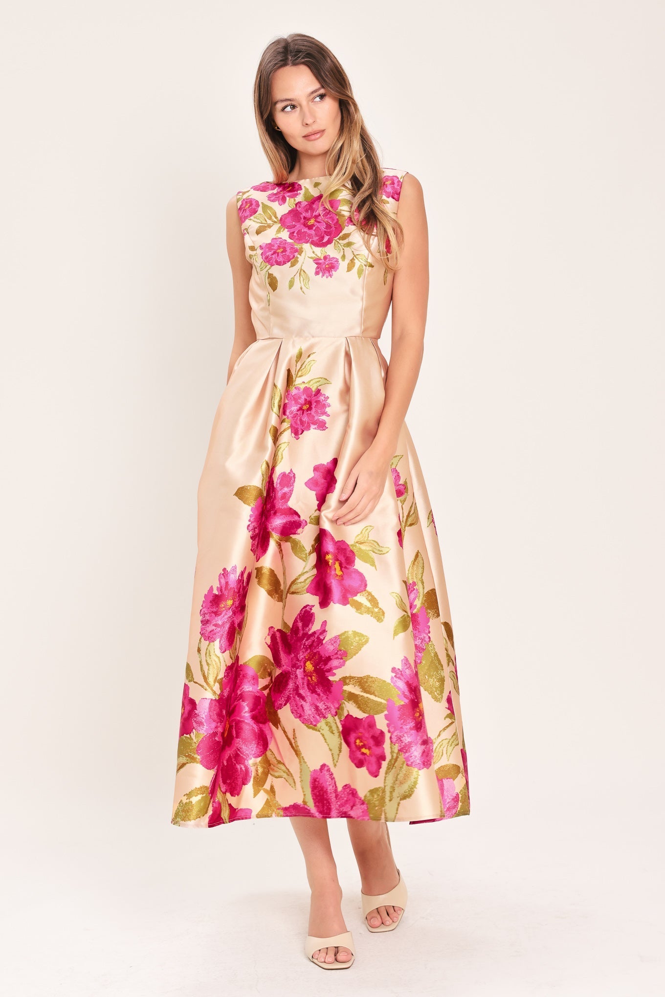 SOFT SATIN FLORAL PINK MIDI DRESS FINAL