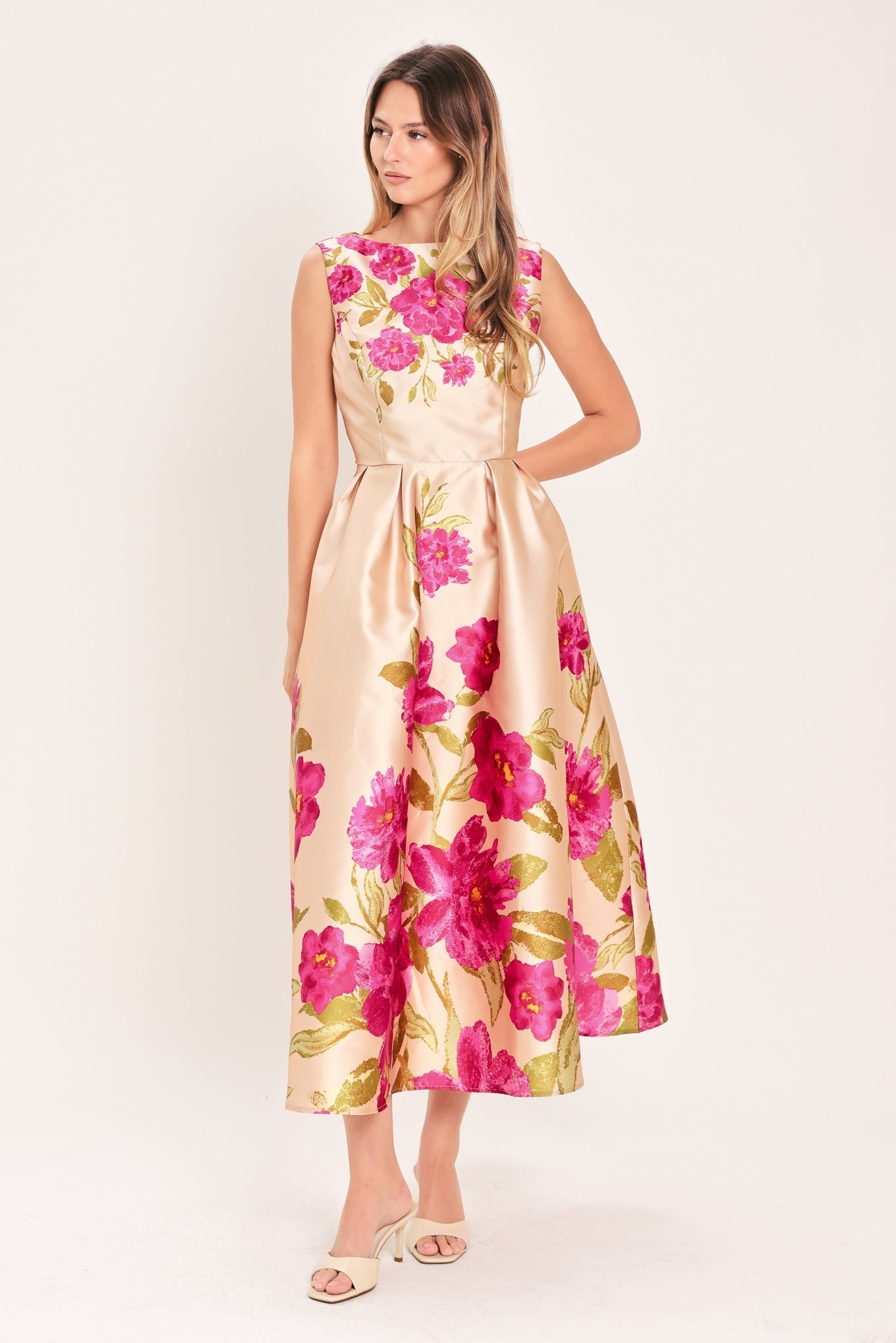 SOFT SATIN FLORAL PINK MIDI DRESS