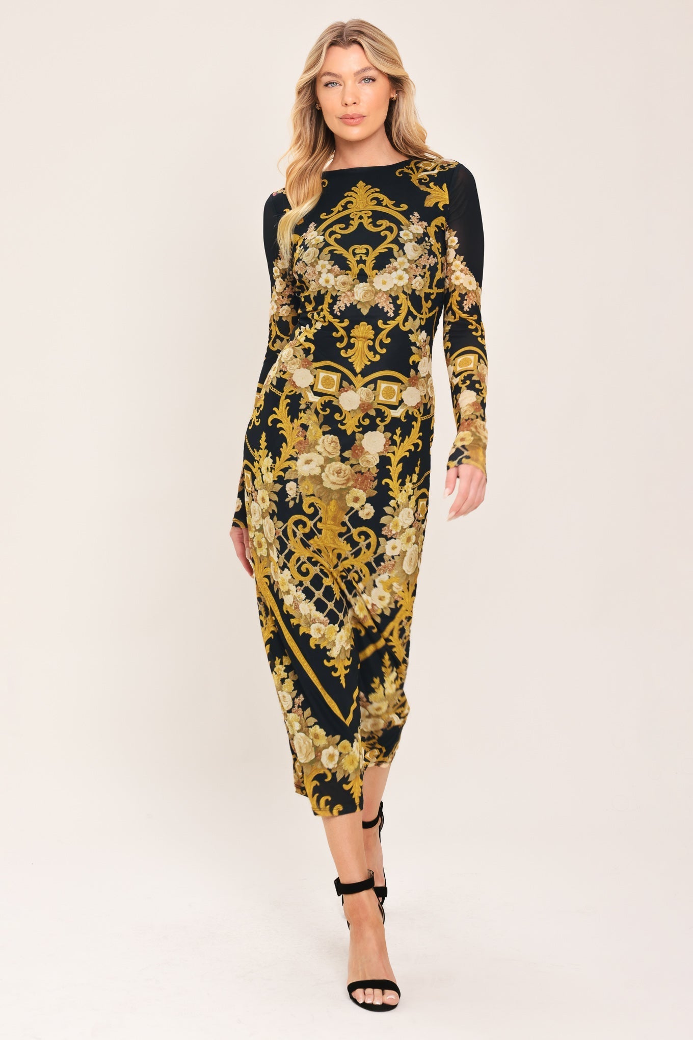BAROQUE ROSES LONG SLEEVE POWER MESH MIDI DRESS