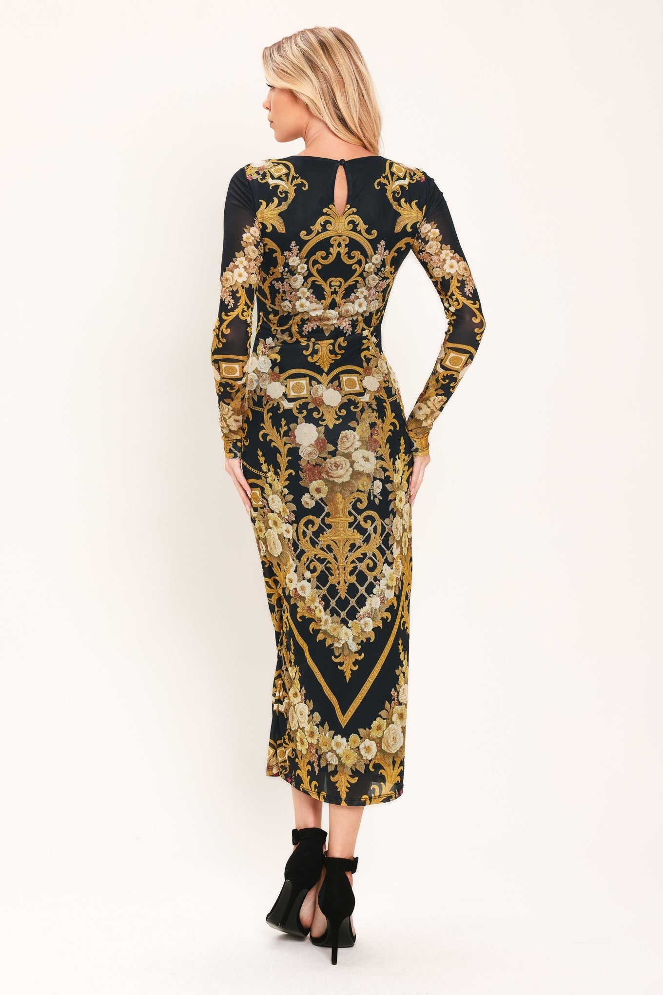 BAROQUE ROSES LONG SLEEVE POWER MESH MIDI DRESS