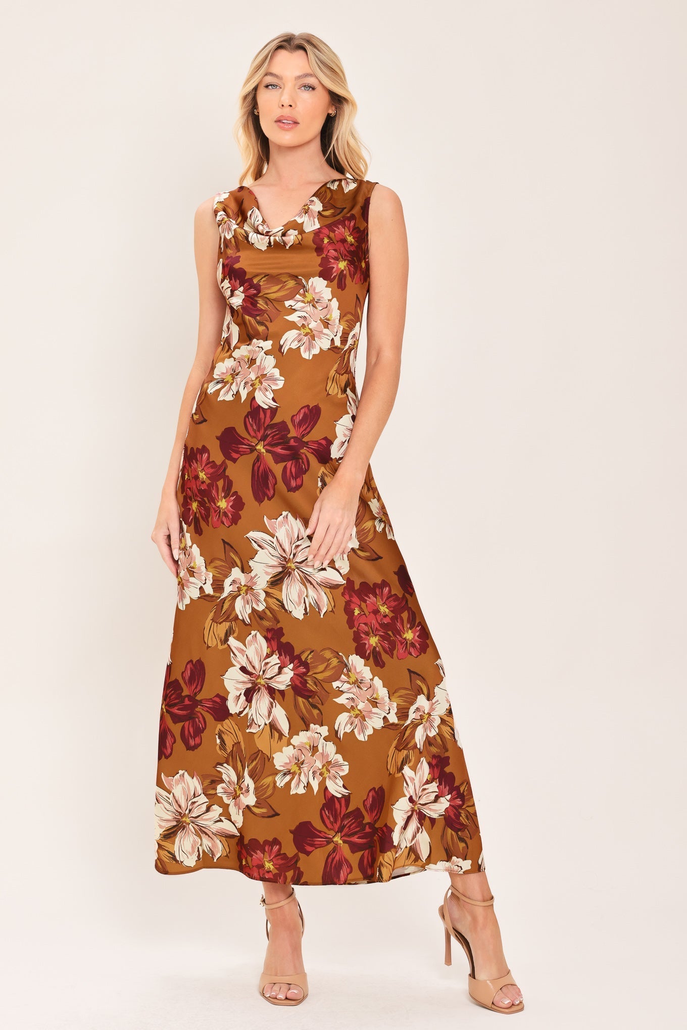 CARAMEL SPICE FLORAL COWL MIDI DRESS
