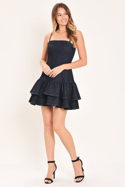 NIGHT OWL RUFFLE HEM DARK DENIM MINI DRESS