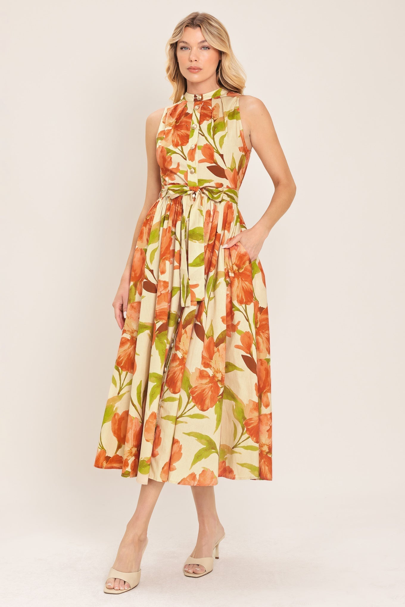 Apricot Sunset Midi Dress Floral Button-Front Dress