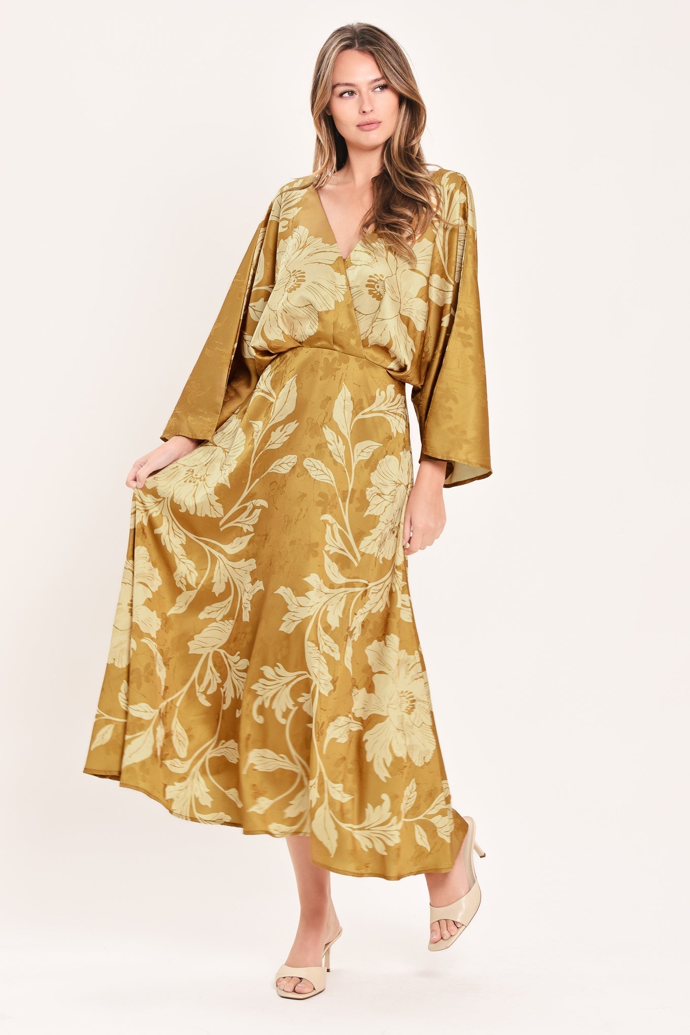 BUTTERSCOTCH BLOSSOM KIMONO SLEEVE MIDI DRESS