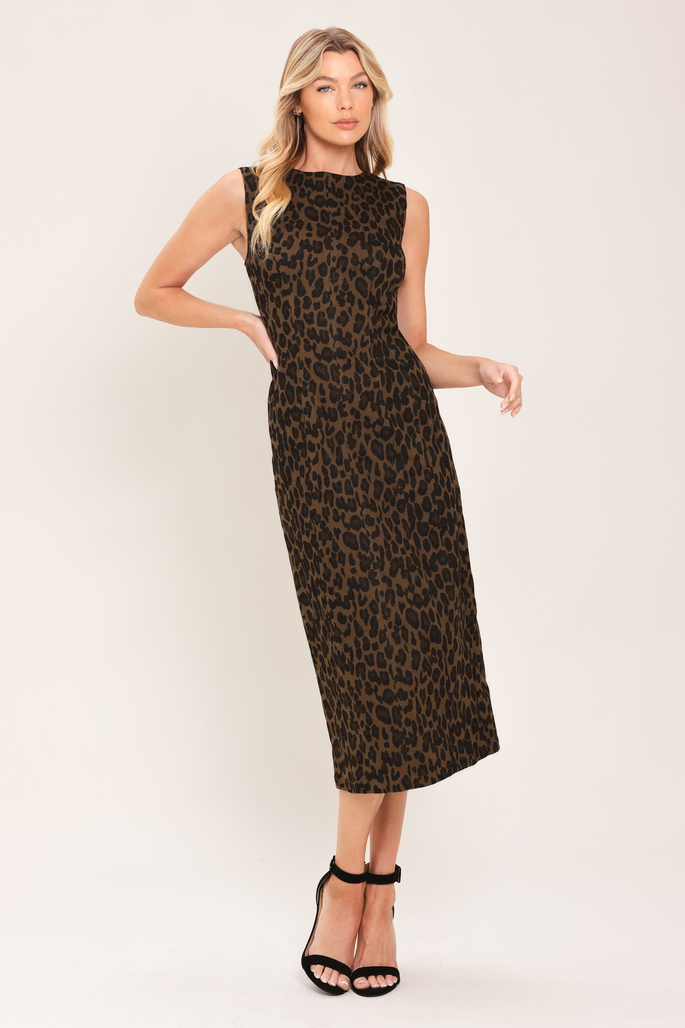 LEOPARD ICON BROWN TWILL MIDI DRESS FINAL