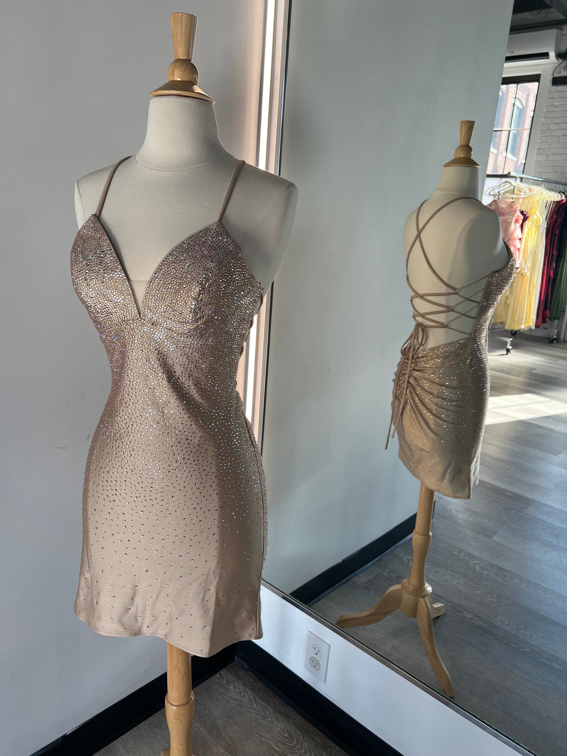 NOVALEE MINI CHAMPAGNE HOT STONE LACE-UP DRESS