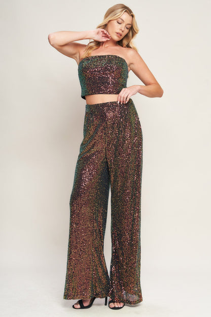CHARMING COMPOSURE SPARKLY SEQUIN CROP TOP & PANT SET