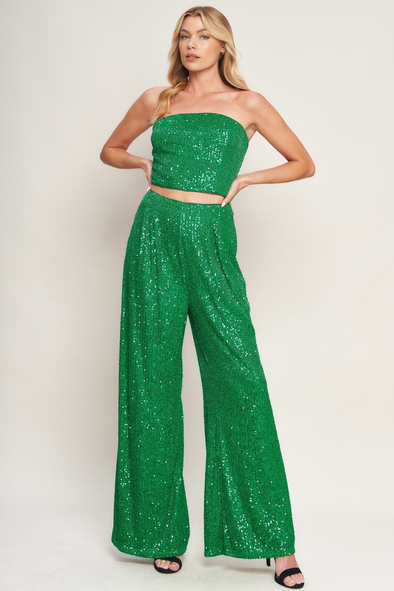 CHARMING COMPOSURE SPARKLY SEQUIN CROP TOP & PANT SET